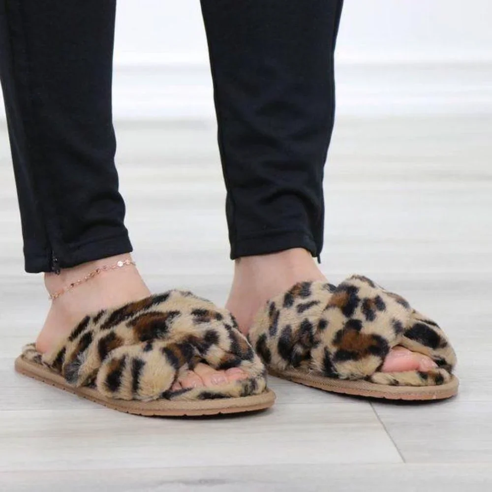 Leopard  Fuzzy Furry Criss Cross Sandal Sliders - Picture 3 of 14